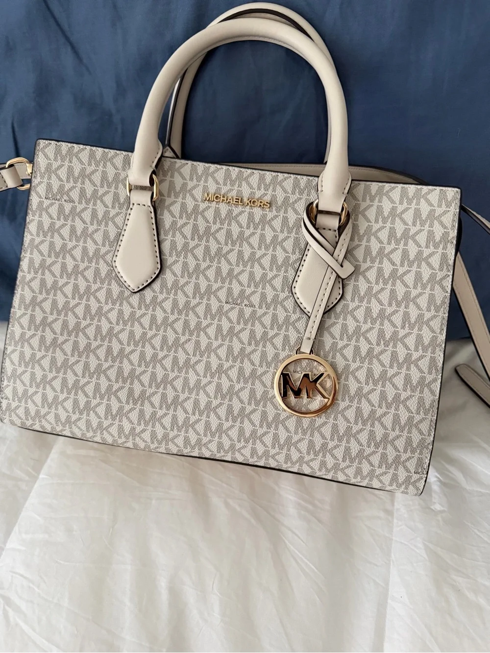 Michael Kors Cream Logo Tote with Gold Accent Charm